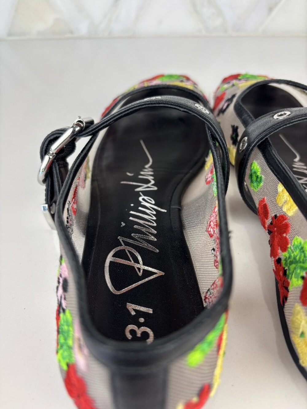 36 Phillip Lim ID Flowerworks Mesh Flat Embroidered Floral Square Toe Leather - Picture 8 of 13
